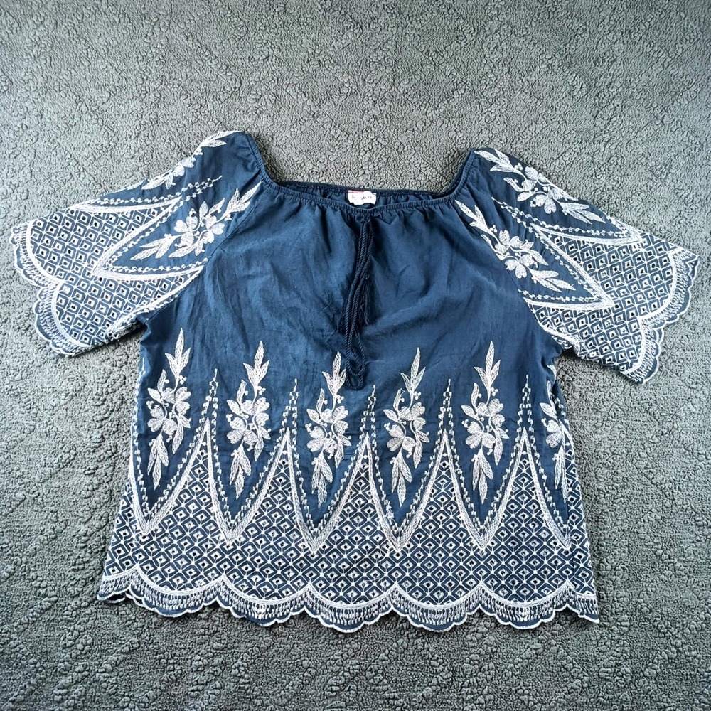 Sapphire Women XL Navy Blue Embroidered Cotton Boho Blouse Eyelet Scallop Hem